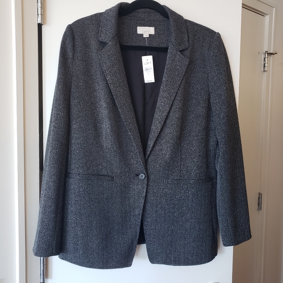 Loft Blazer Black & White Tweed Harringbone Blazer NWT Sz 14 - Picture 12 of 15